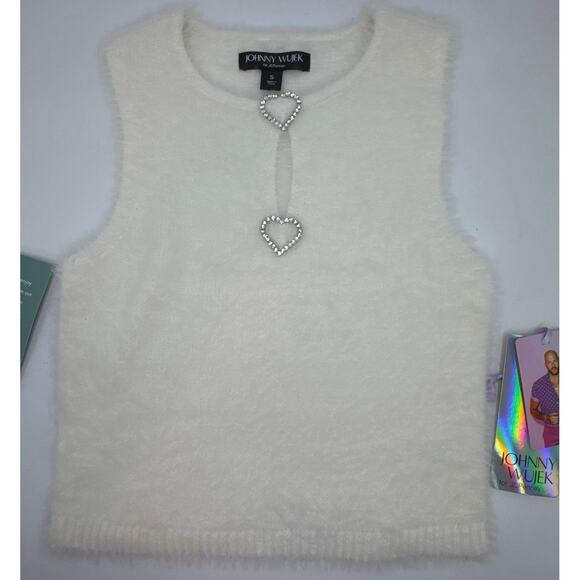 JCPenny Juniors Fuzzy Knit Top Small Cream Rhinestone Heart Closure NEW - Picture 3 of 6